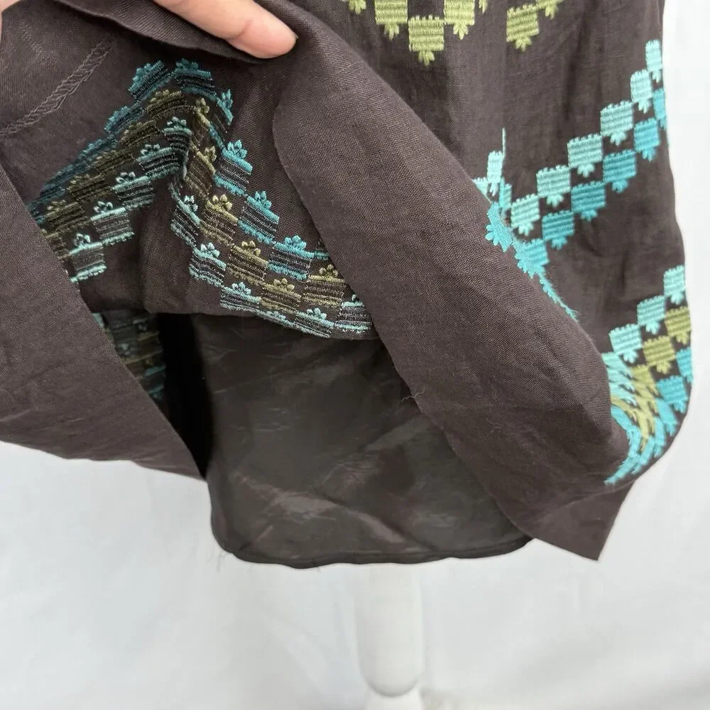 Ann Taylor LOFT Women Brown Linen Pleat Skirt Embroidered Pattern Size 2P Linen